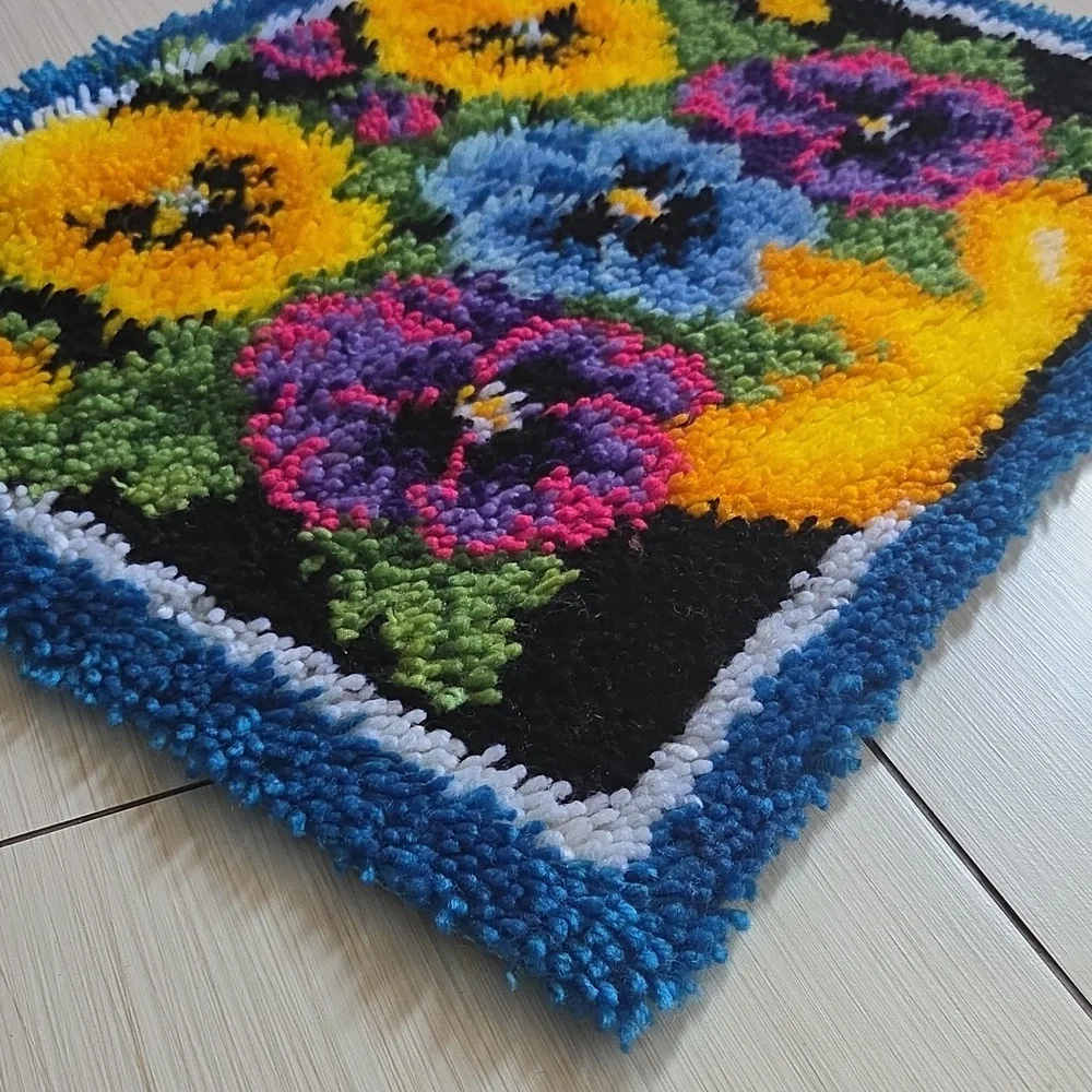 Completed Caron Wonderart Pot of Pansies Rug